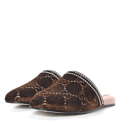 Gucci Velvet GG Monogram Crystal Womens Slippers 38 Brown Vintage Cocoa 3 of 9