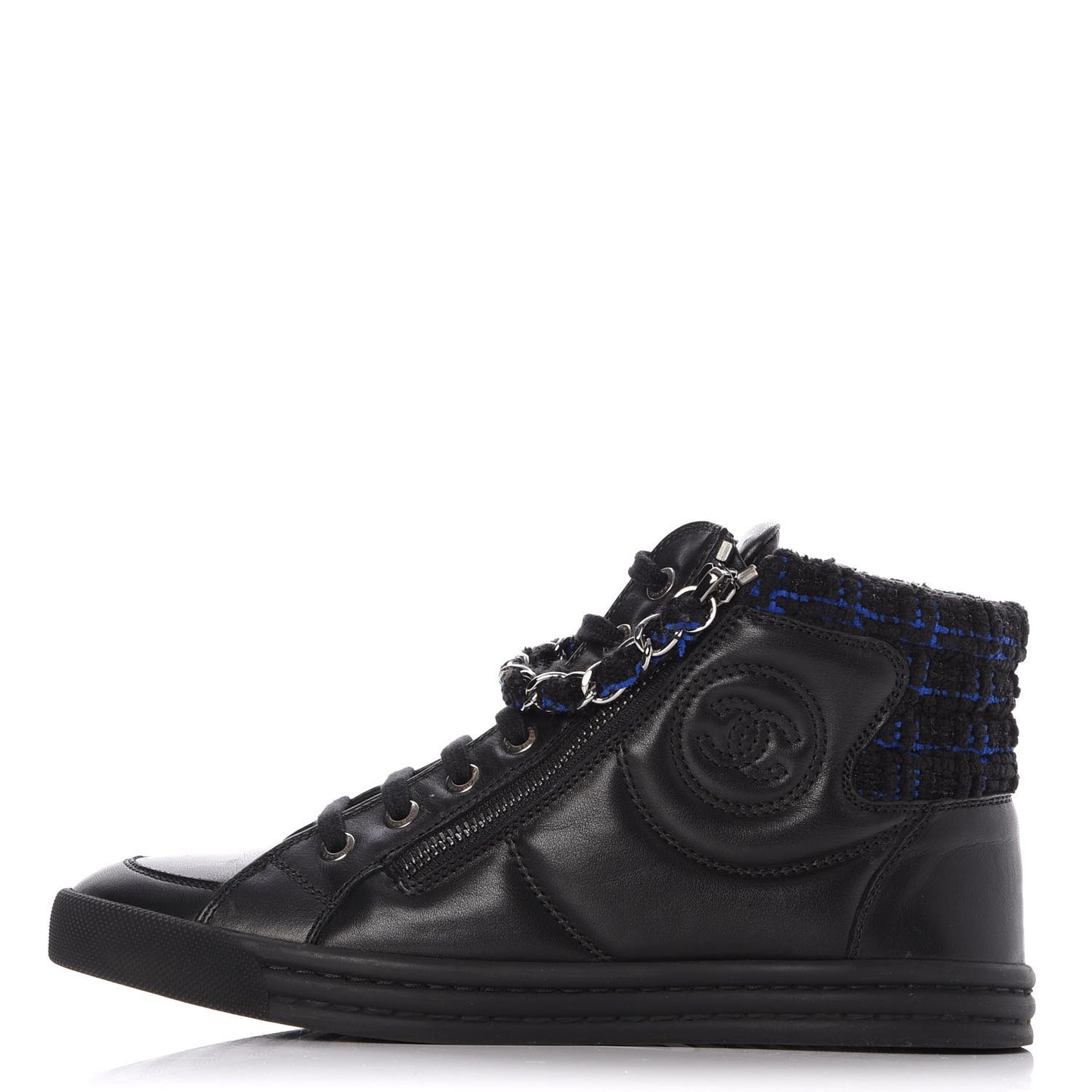Lambskin Tweed Zipped Sneakers 35 Black Blue