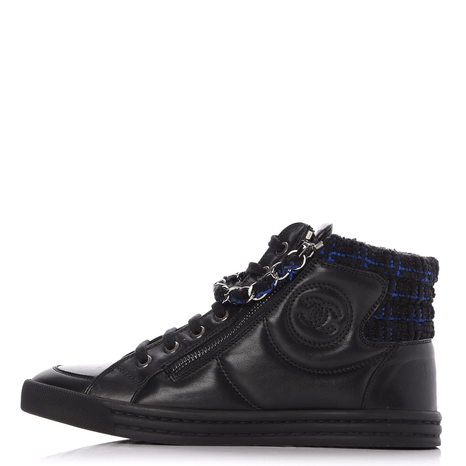 Chanel Lambskin Tweed Zipped Sneakers 35 Black Blue 1 of 8