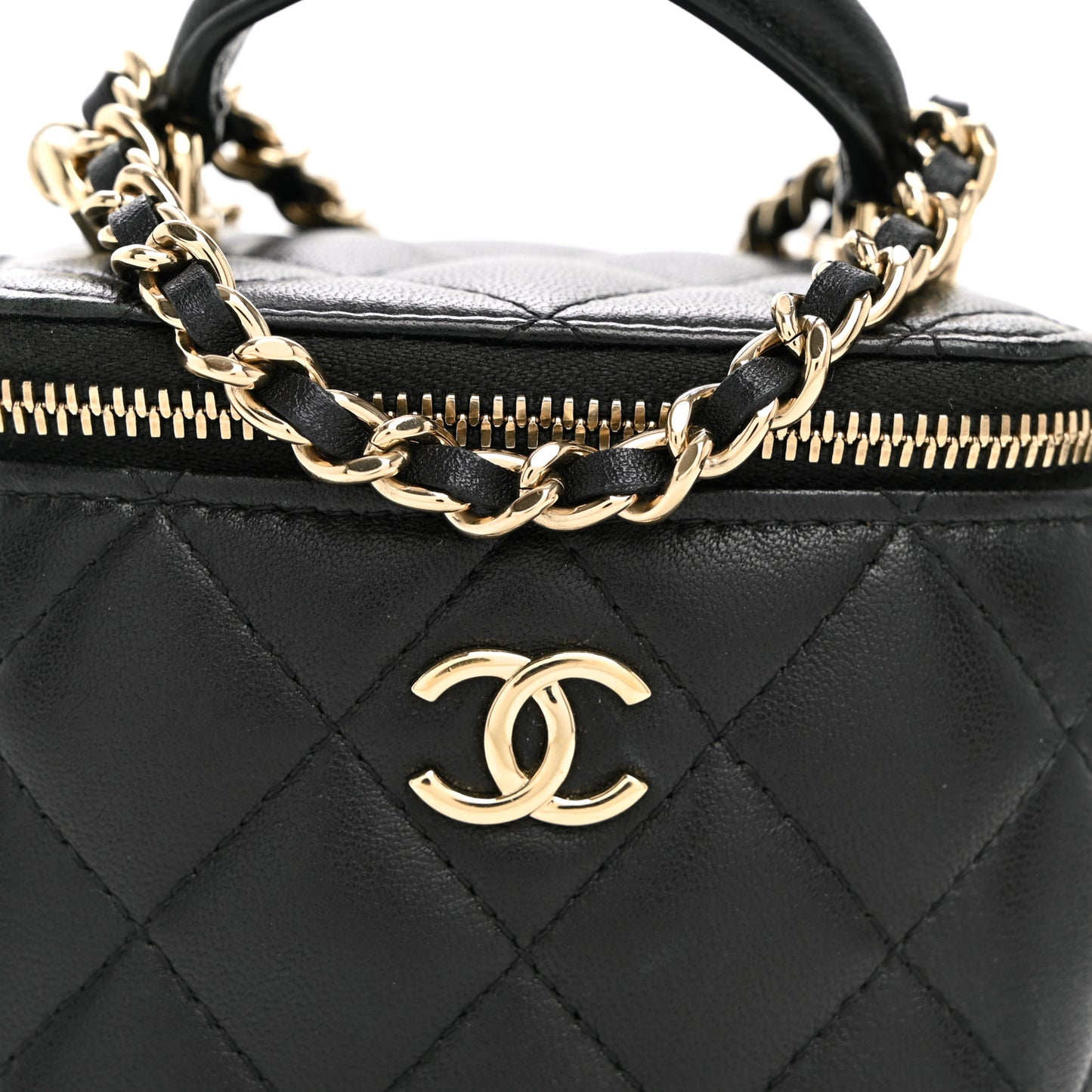 Lambskin Quilted Top Handle Mini Vanity Case With Chain Black