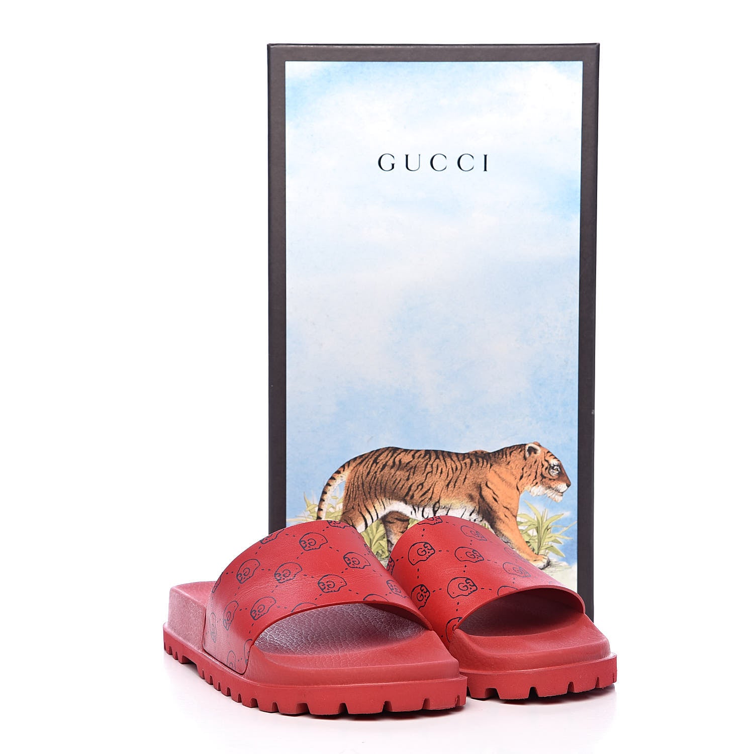 Gucci Calfskin Rubber GucciGhost Hamlet Skull Mens Lug Sole Slide Sandals 7 Hibiscus Red Blue Agata 9 of 9