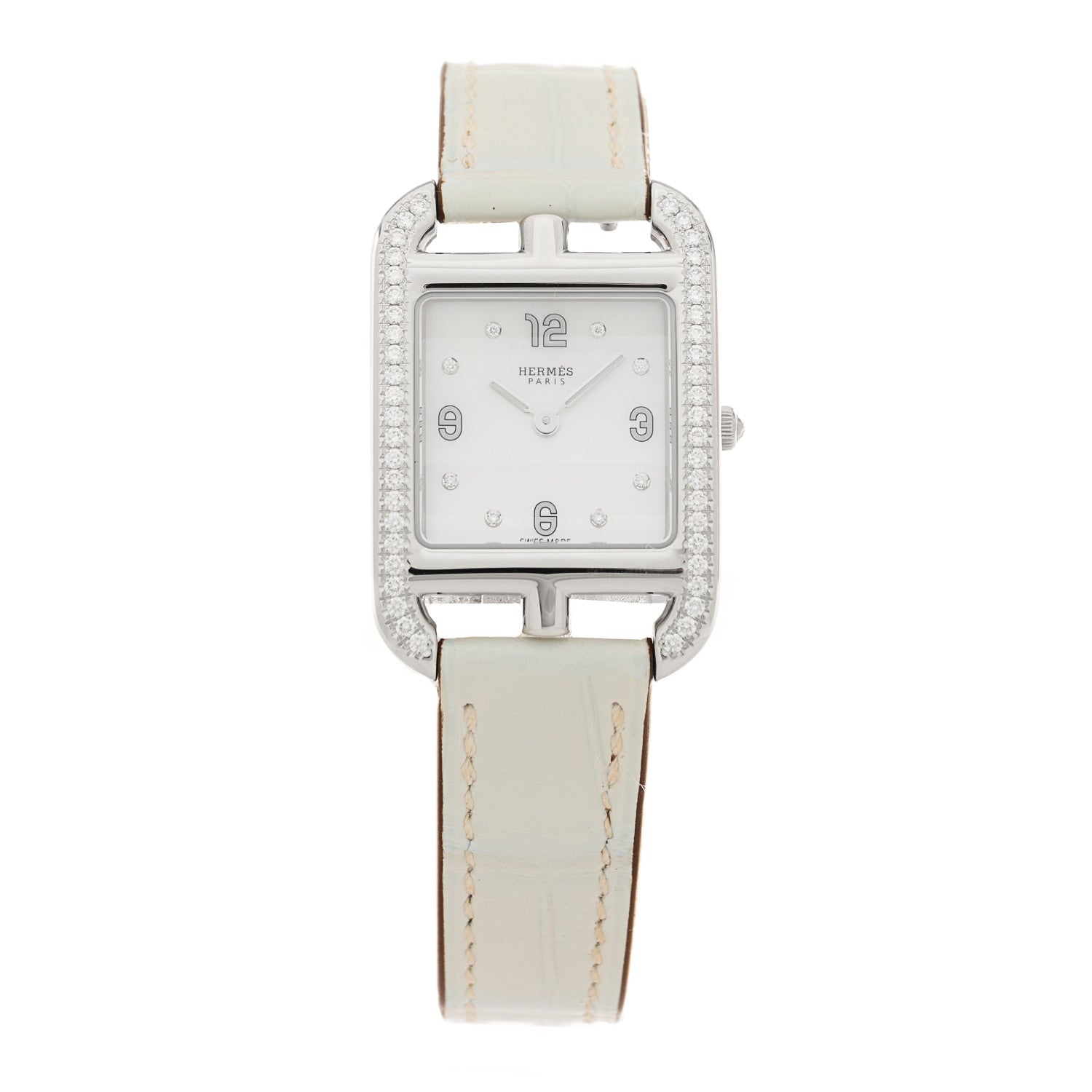 Hermes Stainless Steel Alligator Diamond Bezel Mother of Pearl 23mm Cape Cod Quartz Watch Blanc 1 of 5