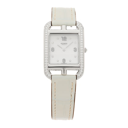 Hermes Stainless Steel Alligator Diamond Bezel Mother of Pearl 23mm Cape Cod Quartz Watch Blanc 1 of 5