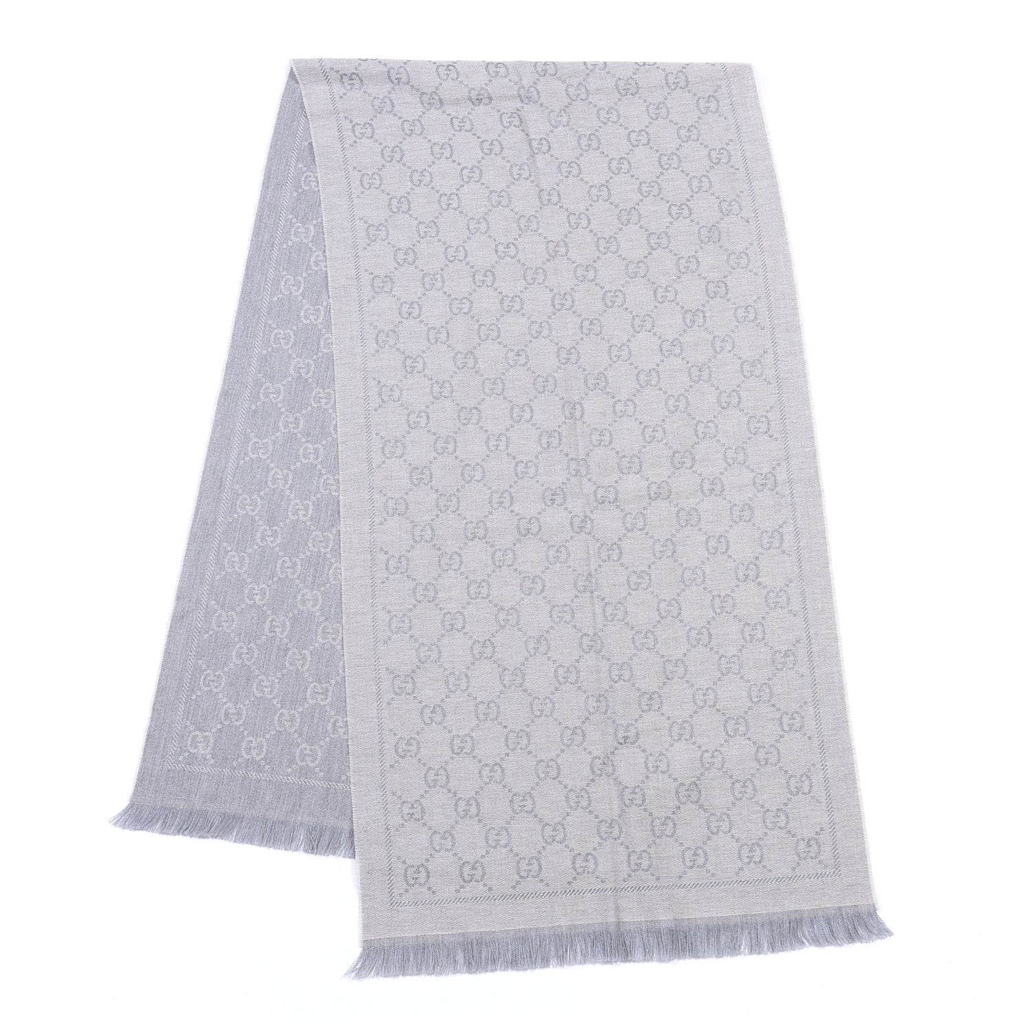 Gucci Wool Jacquard GG Monogram Sten Fringe Scarf Zinc Light Grey 3 of 4