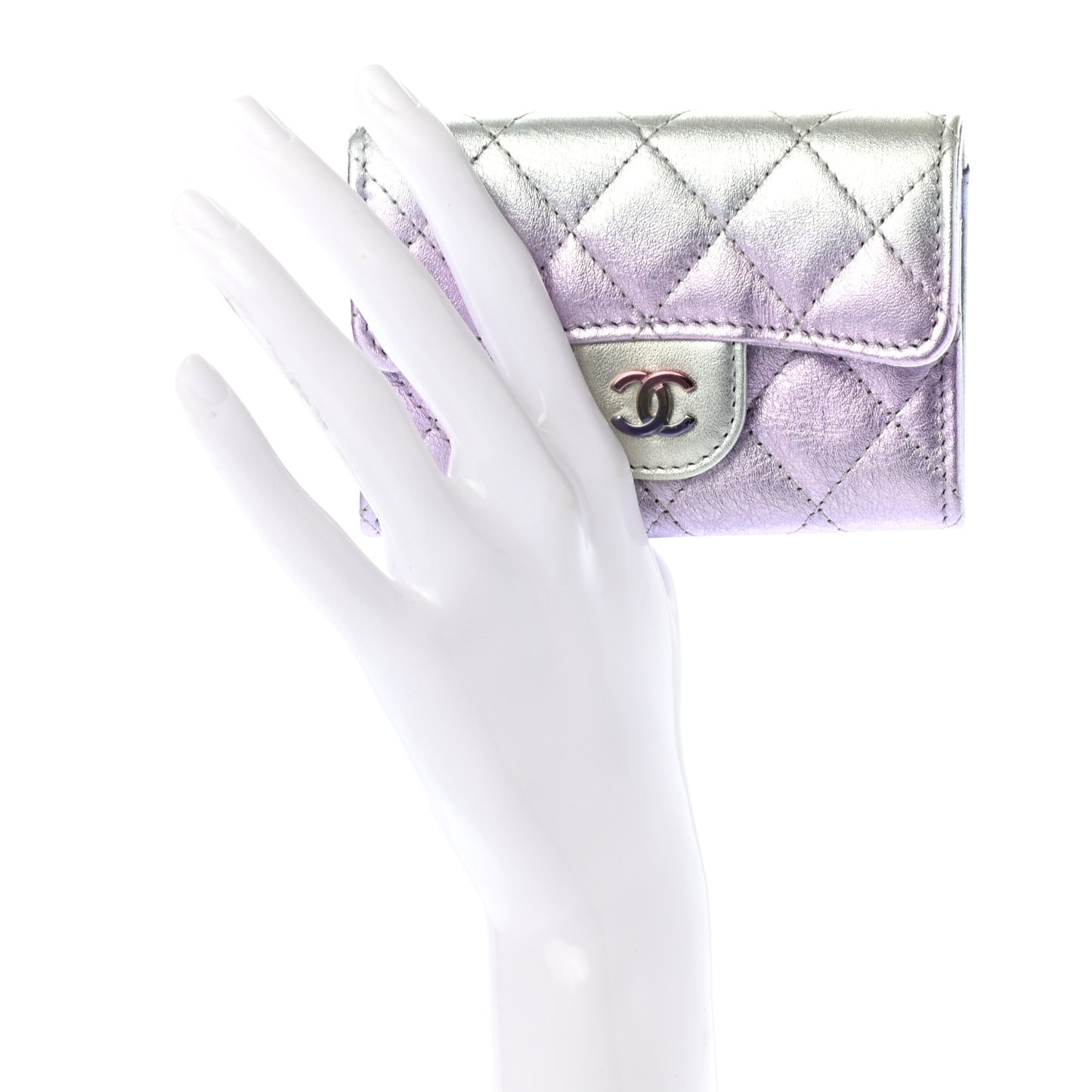 Gradient Metallic Calfskin Quilted Flap Card Holder Wallet Silver Blue Yellow Purple