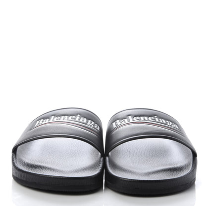 Balenciaga Nappa Political Campaign Logo Mens Pool Slide Sandals 40 Black White Vermillon 2 of 8