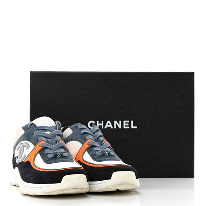 Chanel Nylon Calfskin Suede CC Womens Sneakers 37.5 Navy White Orange Black 11 of 11
