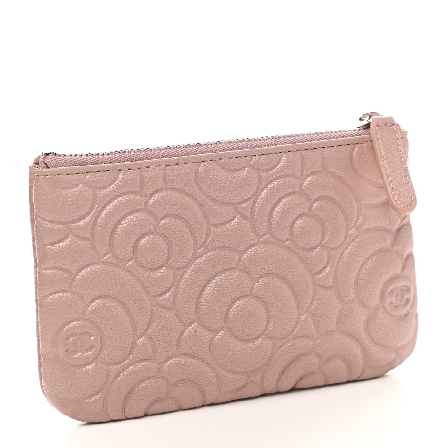 Goatskin Camellia Embossed Cosmetic Pouch Light Pink