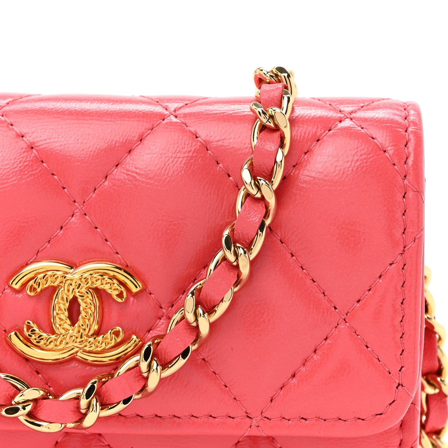 Chanel Shiny Lambskin Quilted Card Holder On Chain Pink 9 of 11