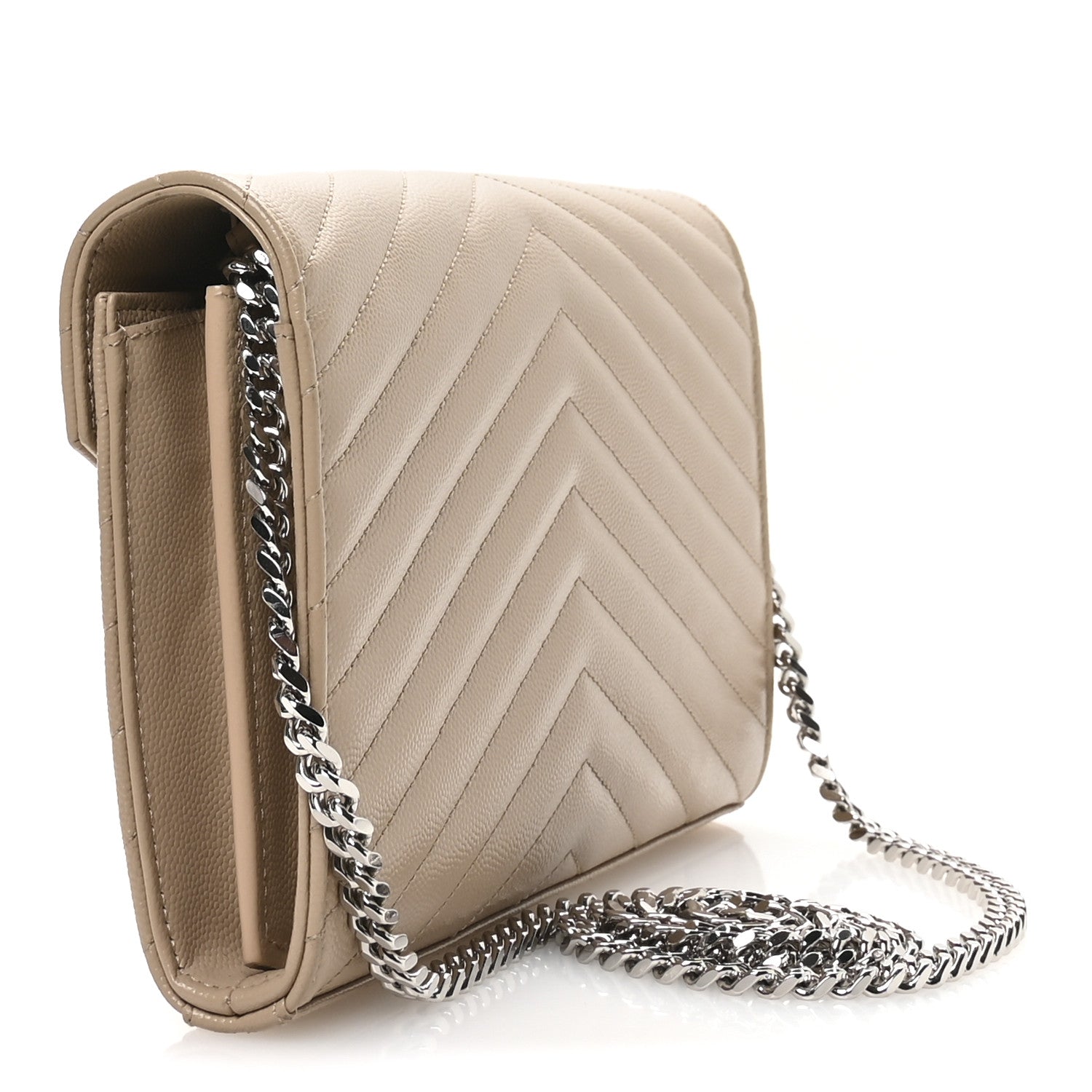 Saint Laurent Grain De Poudre Matelasse Chevron Monogram Chain Wallet Dark Beige 3 of 10