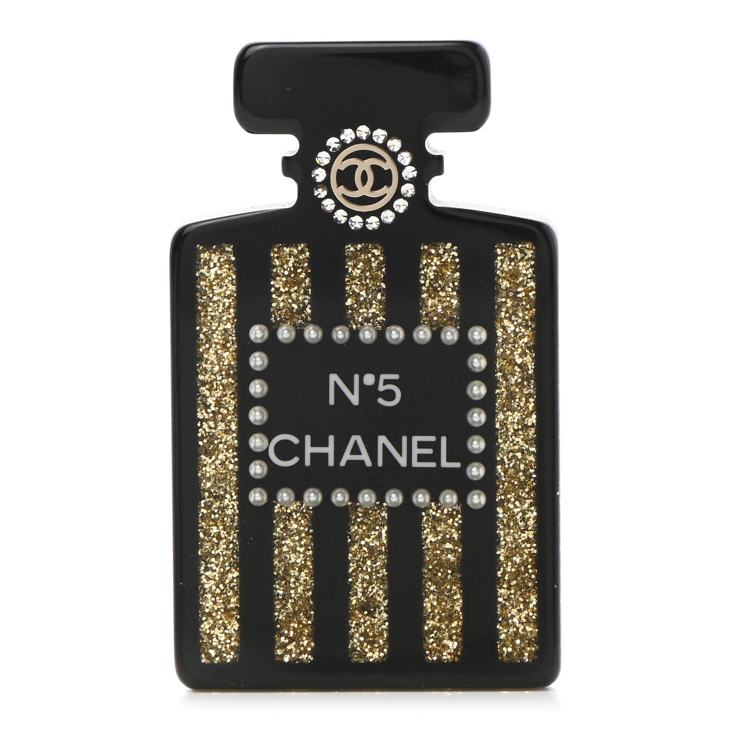 Resin Strass Perfume Bottle CC Brooch Black Gold