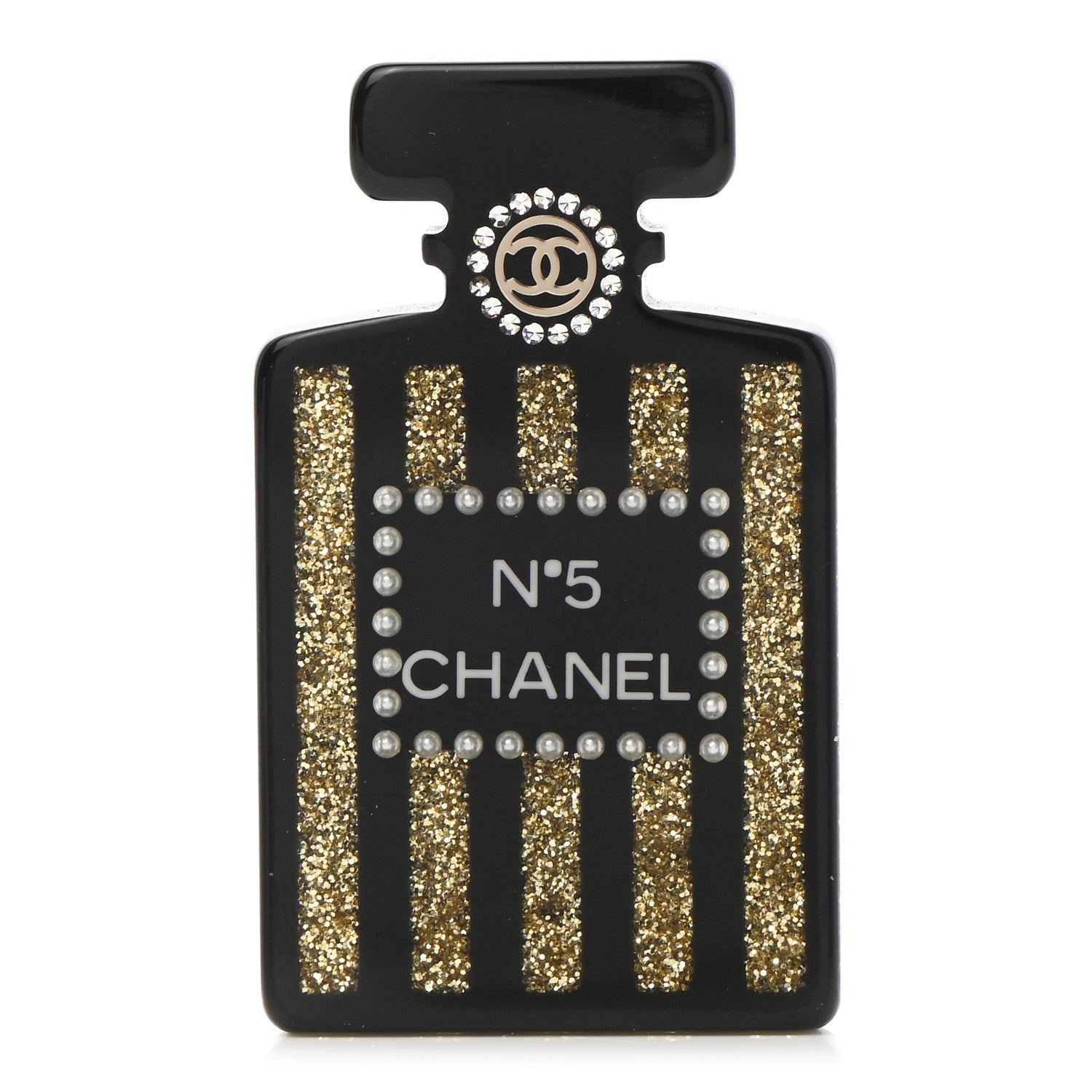 Chanel Resin Strass Perfume Bottle CC Brooch Black Gold 1 of 5