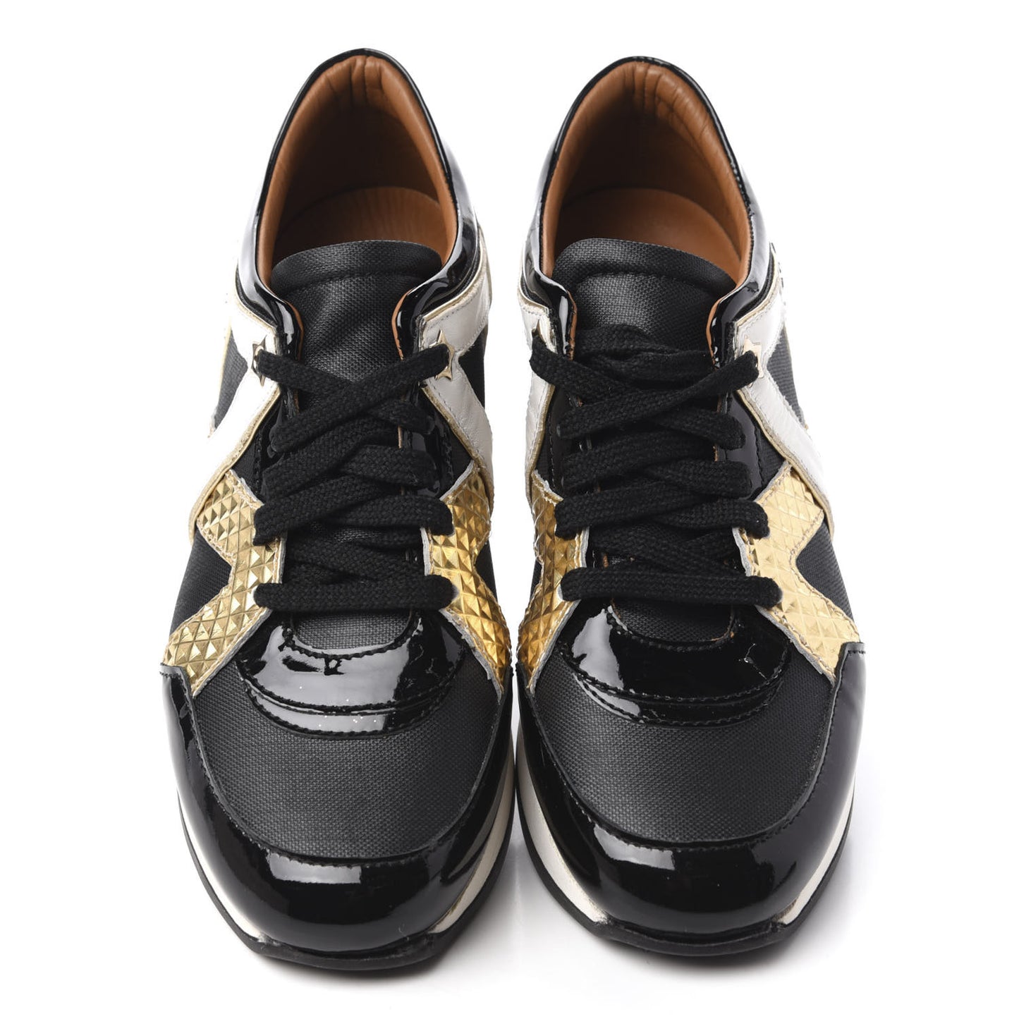 Canvas Patent Calfskin London Low Top Sneakers 36 Black Gold