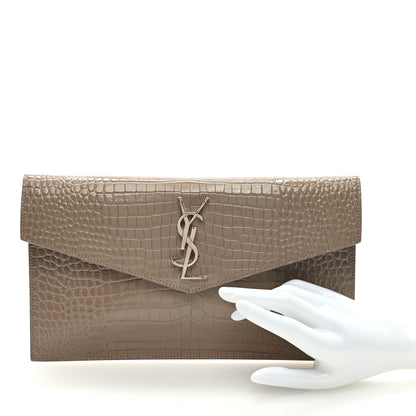 Saint Laurent Calfskin Crocodile Embossed Uptown Monogram Pouch Brown 2 of 6
