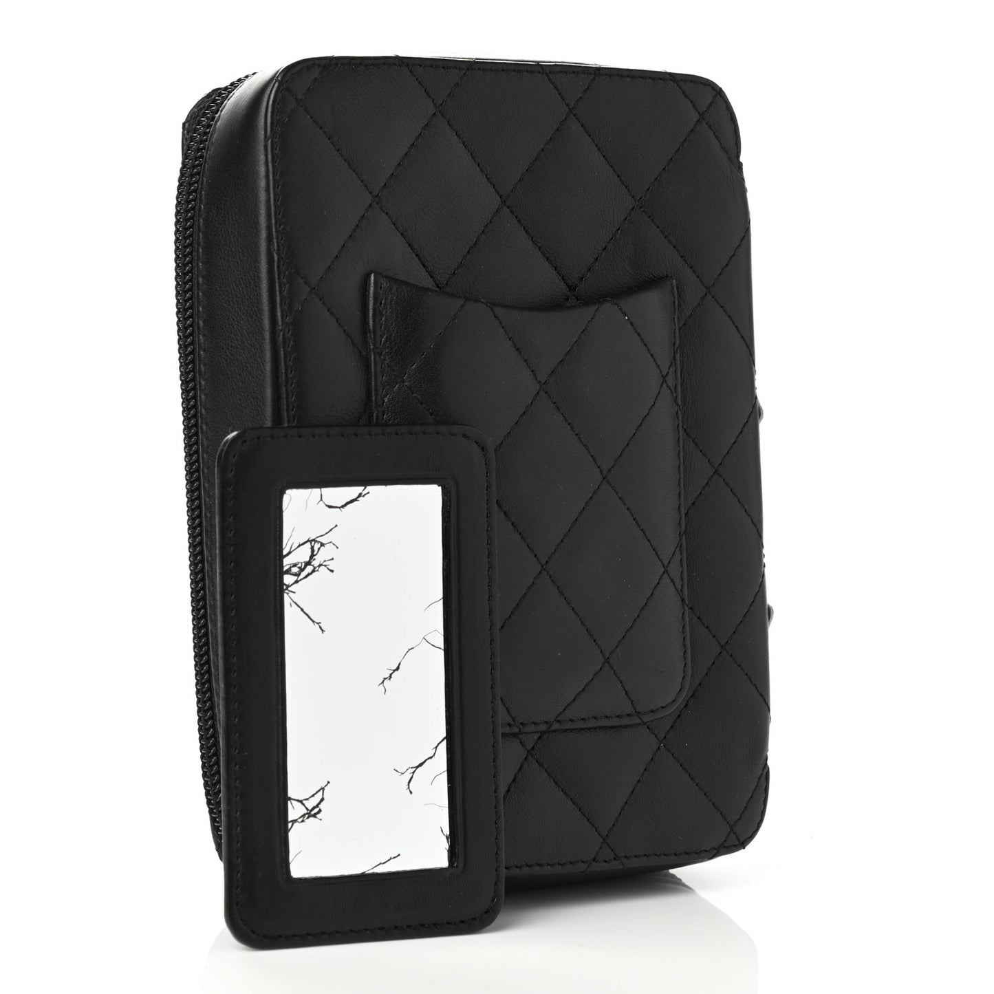 Calfskin Quilted Cambon Zip Around Cosmetic Pouch Black