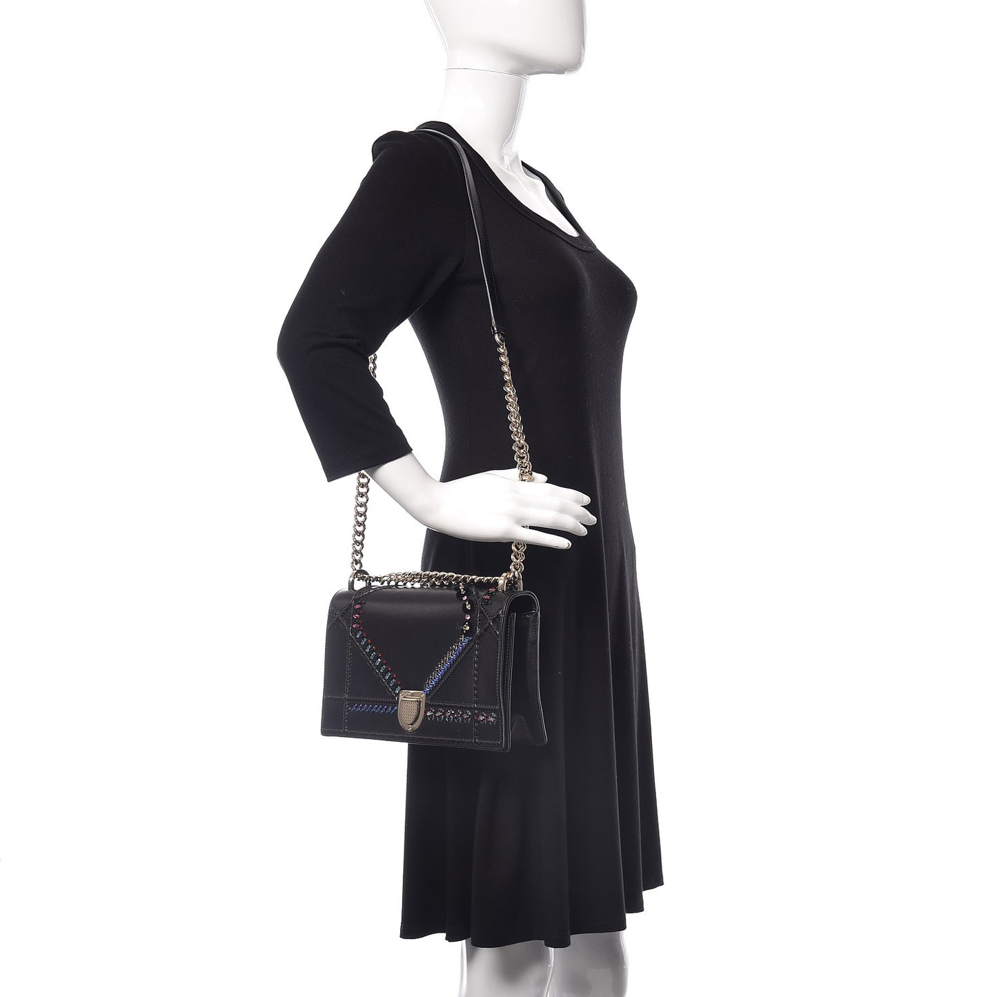 Calfskin Crystal Embroidered Medium Diorama Flap Bag Black