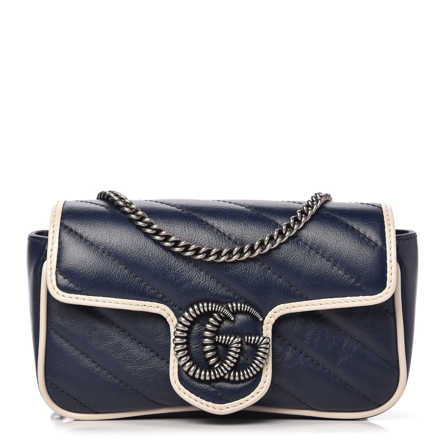 Gucci Vintage Effect Calfskin Matelasse Diagonal Super Mini Torchon GG Marmont Shoulder Bag Blue Agata Mystic White 1 of 11