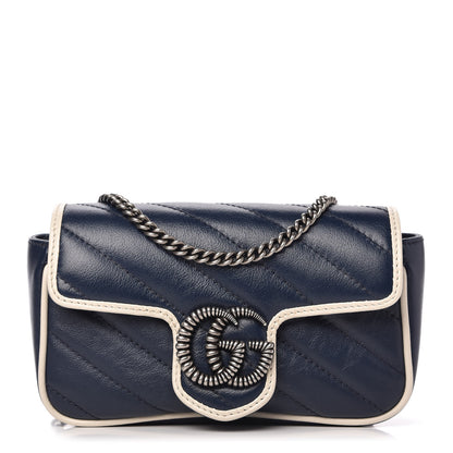 Gucci Vintage Effect Calfskin Matelasse Diagonal Super Mini Torchon GG Marmont Shoulder Bag Blue Agata Mystic White 1 of 11