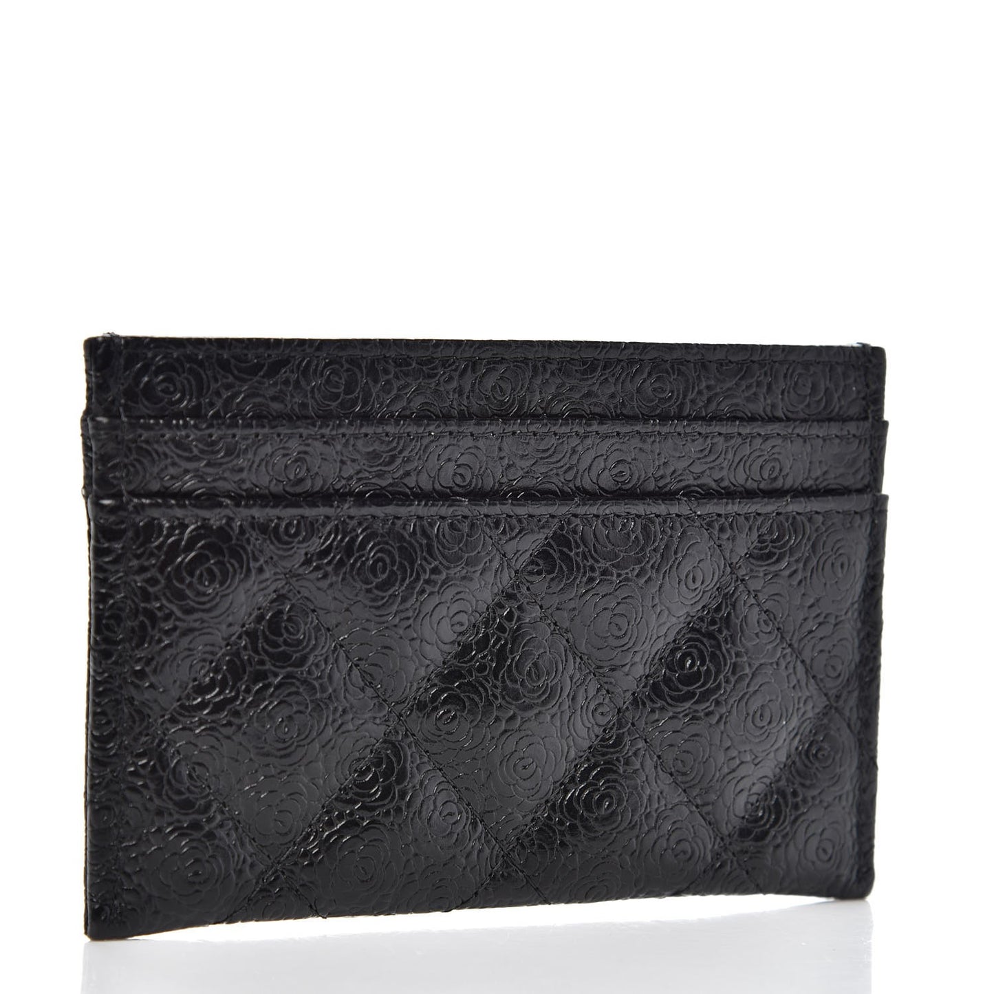 Calfskin Camellia Embossed Quilted Card Holder Black