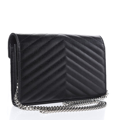 Saint Laurent Grain De Poudre Matelasse Chevron Monogram Chain Wallet Black 3 of 10