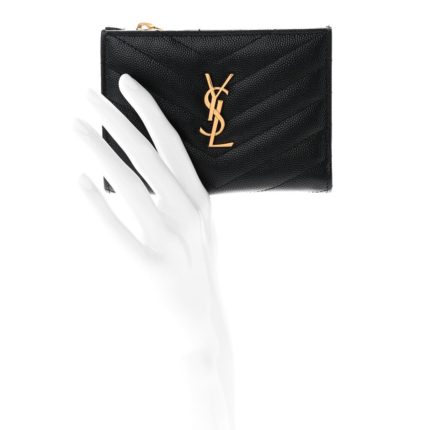 Saint Laurent Grain De Poudre Matelasse Chevron Monogram Zipped Two-Part Wallet Black 2 of 8