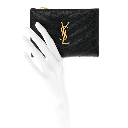 Saint Laurent Grain De Poudre Matelasse Chevron Monogram Zipped Two-Part Wallet Black 2 of 8