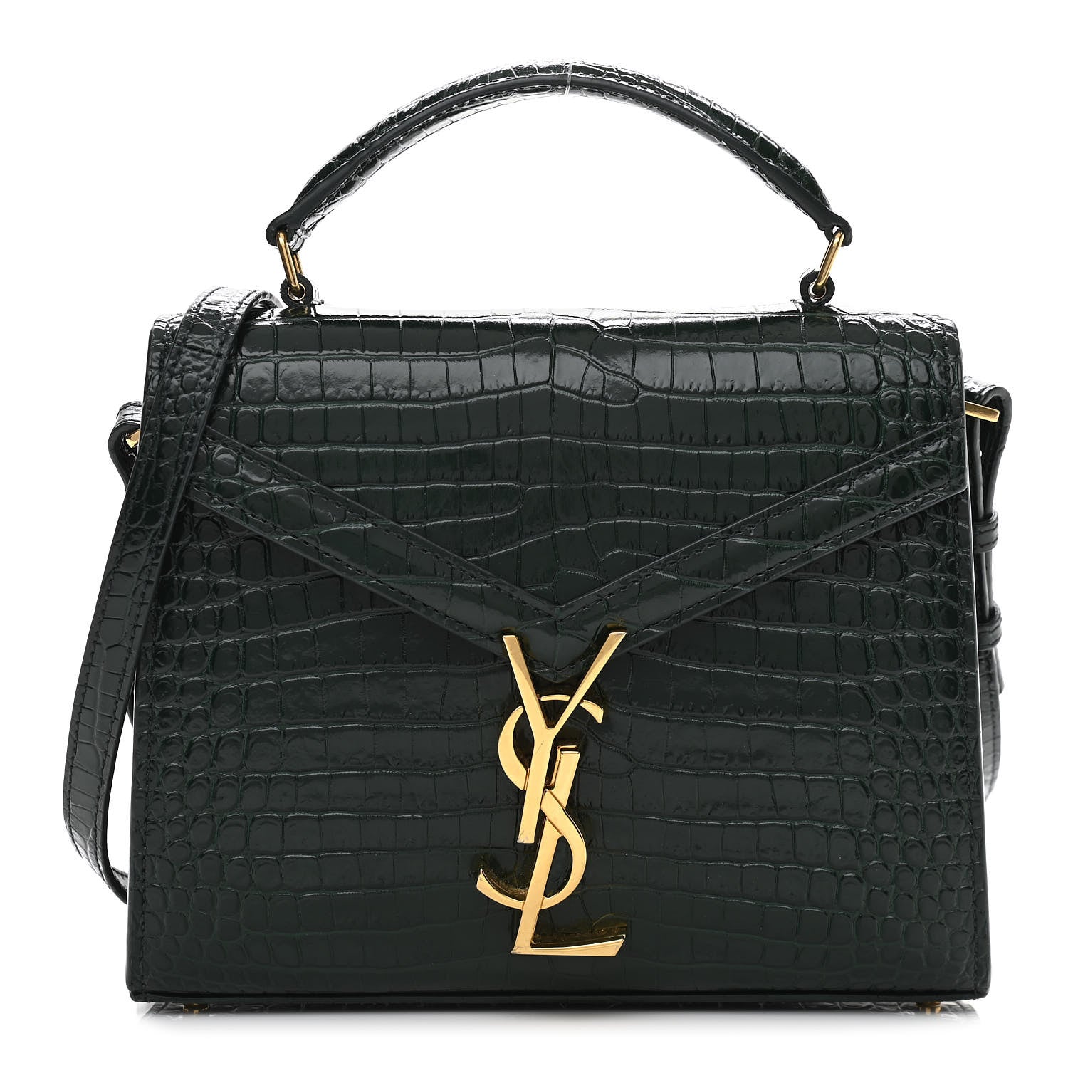 Saint Laurent Calfskin Crocodile Embossed Mini Classic Monogram Cassandra Top Handle Green 1 of 13