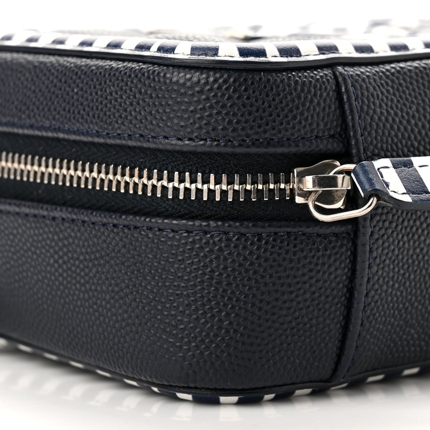 Caviar Quilted Striped Filigree Vanity Clutch With Chain Navy White