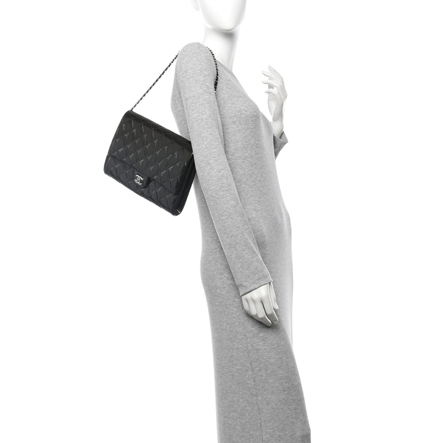 Striated Patent Quilted Clutch With Chain Flap Dark Grey