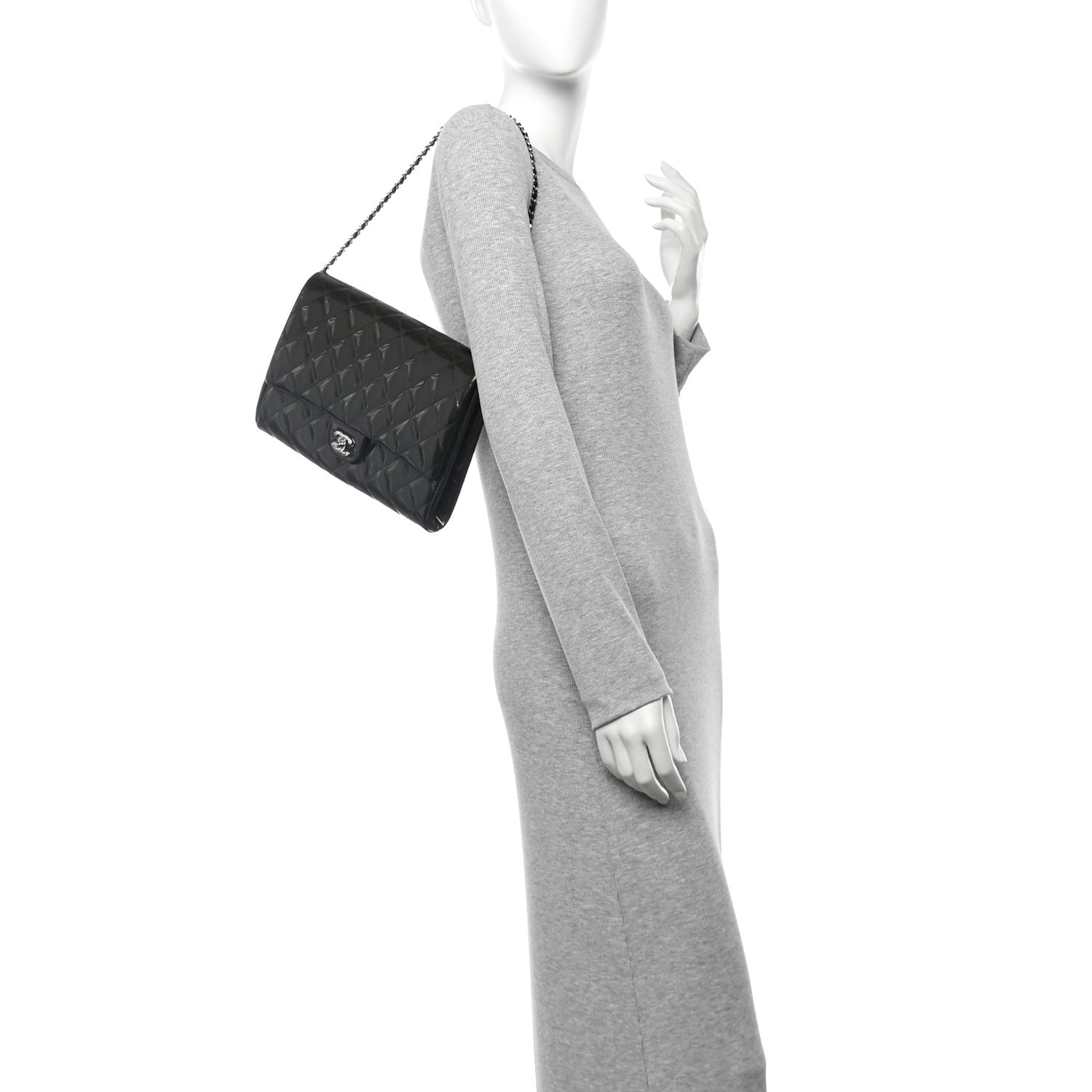 Chanel Striated Patent Quilted Clutch With Chain Flap Dark Grey 2 of 10