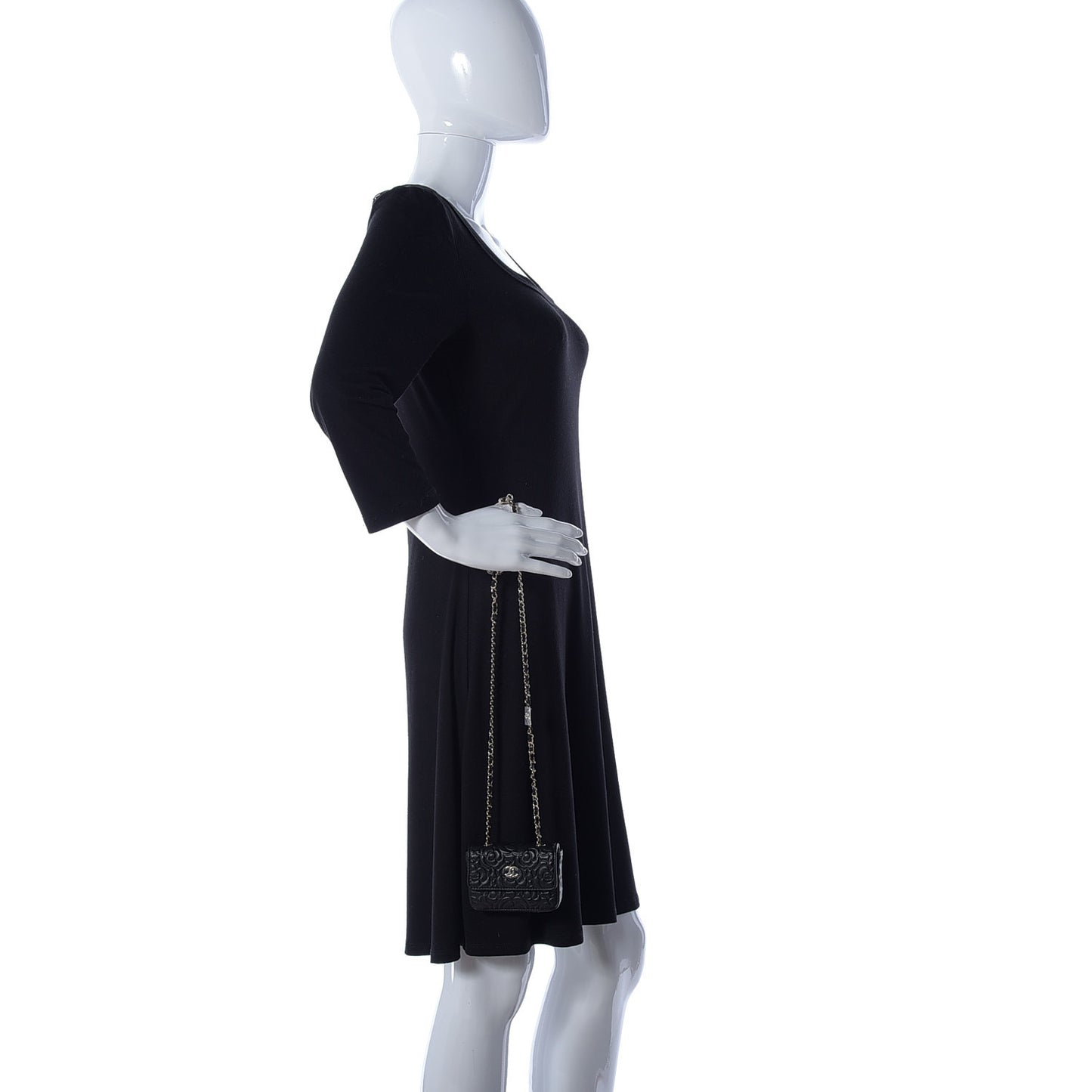 Lambskin Camellia Embossed Chain Belt Bag Black
