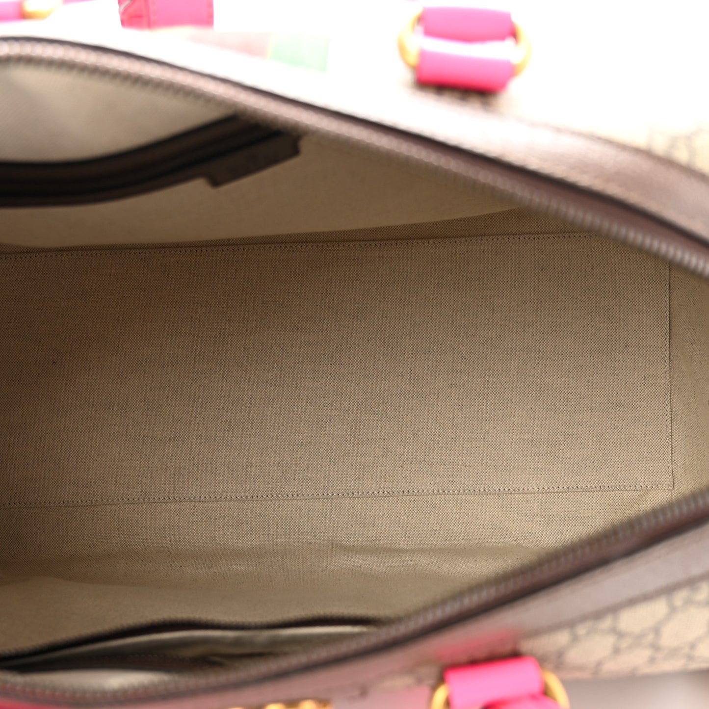 GG Supreme Monogram Textured Dollar Calfskin Web Medium Savoy Duffle Bag Beige Ebony Fluorescent Fuchsia