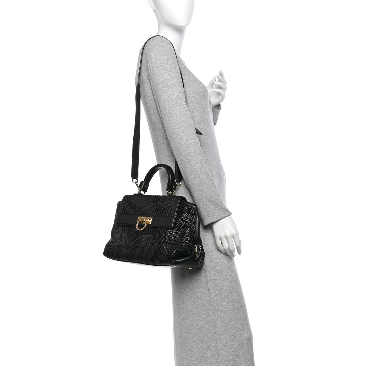 Woven Calfskin Medium Sofia Shoulder Bag Black