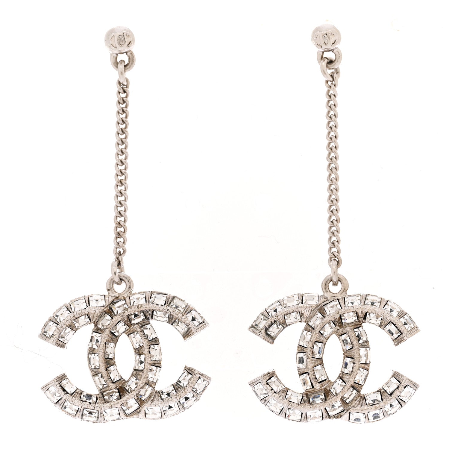 Chanel Baguette Crystal CC Drop Earrings Silver 1 of 4