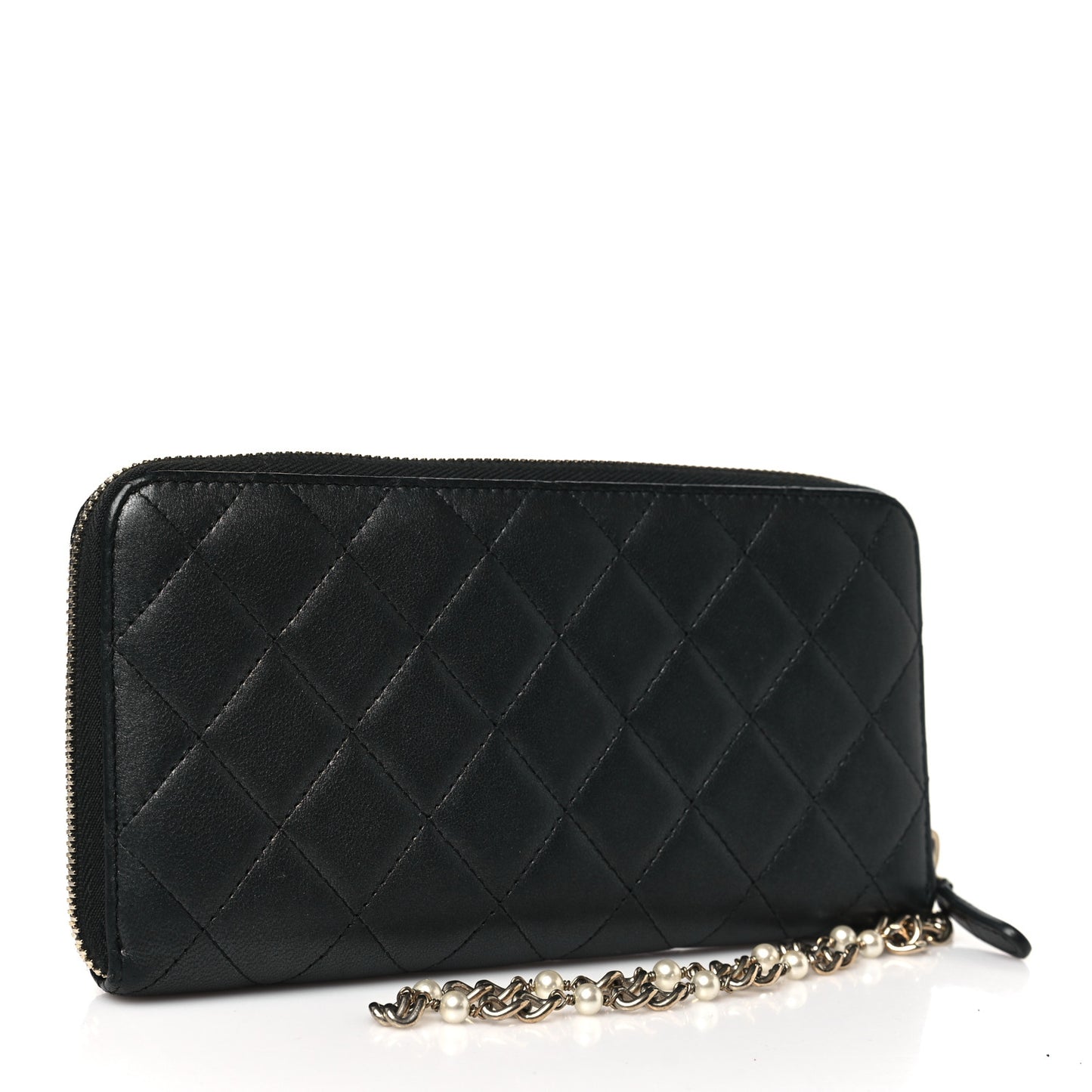 Lambskin Zip Around Large Gusset Wallet With Pearl Chain Black
