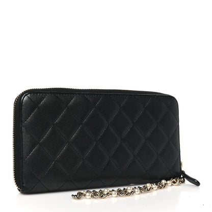 Chanel Lambskin Zip Around Large Gusset Wallet With Pearl Chain Black 3 of 10