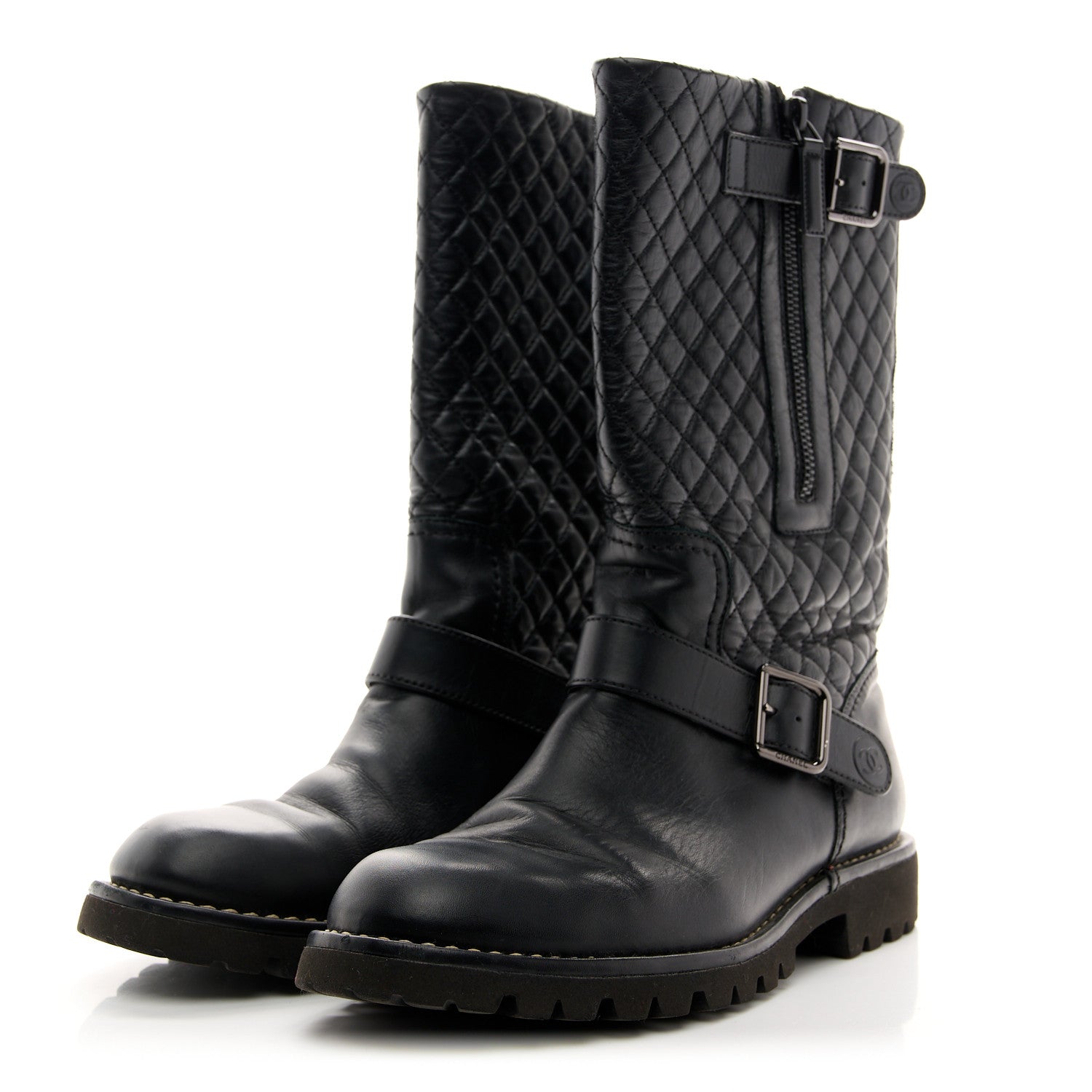 Chanel Calfskin Quilted Biker Boots 38.5 Black 4 of 8