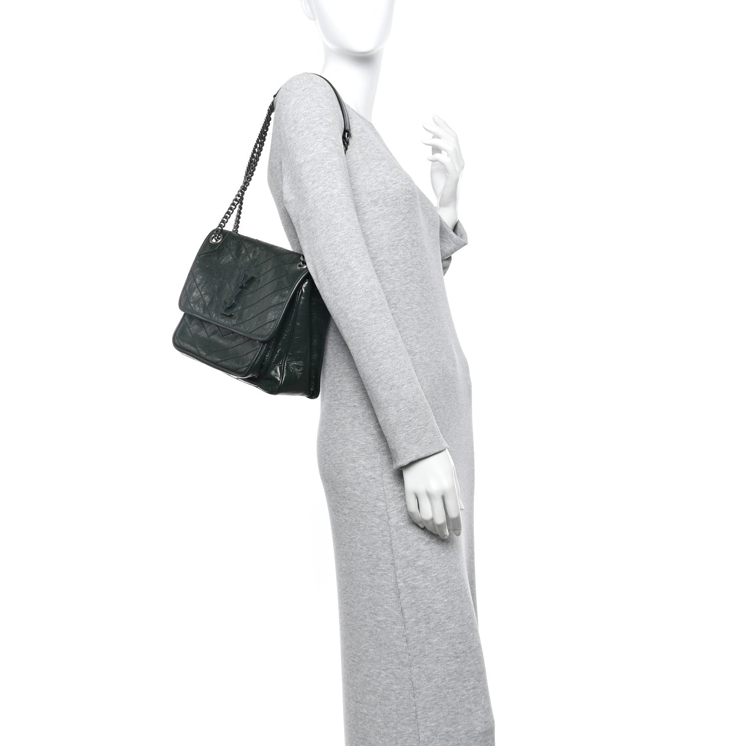 Saint Laurent Crinkled Calfskin Matelasse Monogram Medium Niki Chain Satchel Vert Fonce 2 of 10