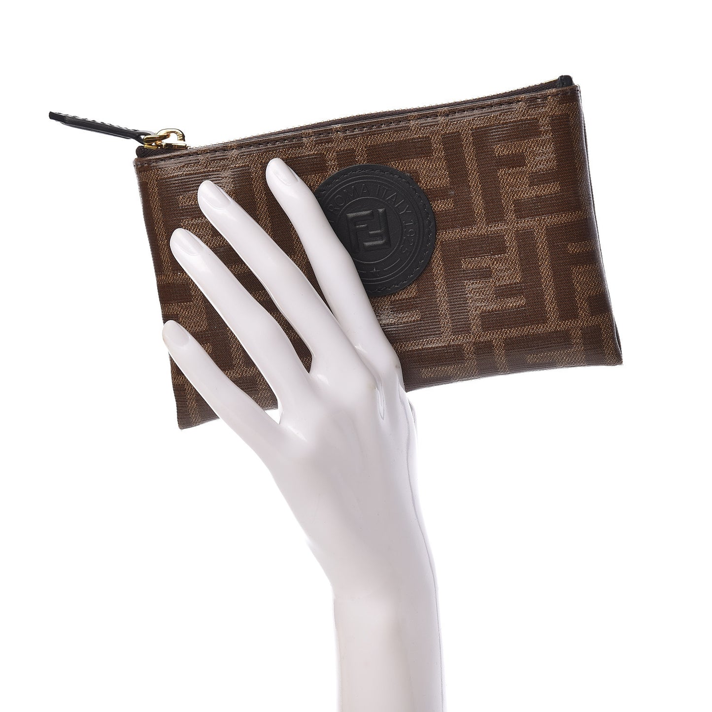 Glazed Fabric Vitello Century FF 1974 Stamp Patch XS FFreedom Flat Pouch Mogano Panna Black