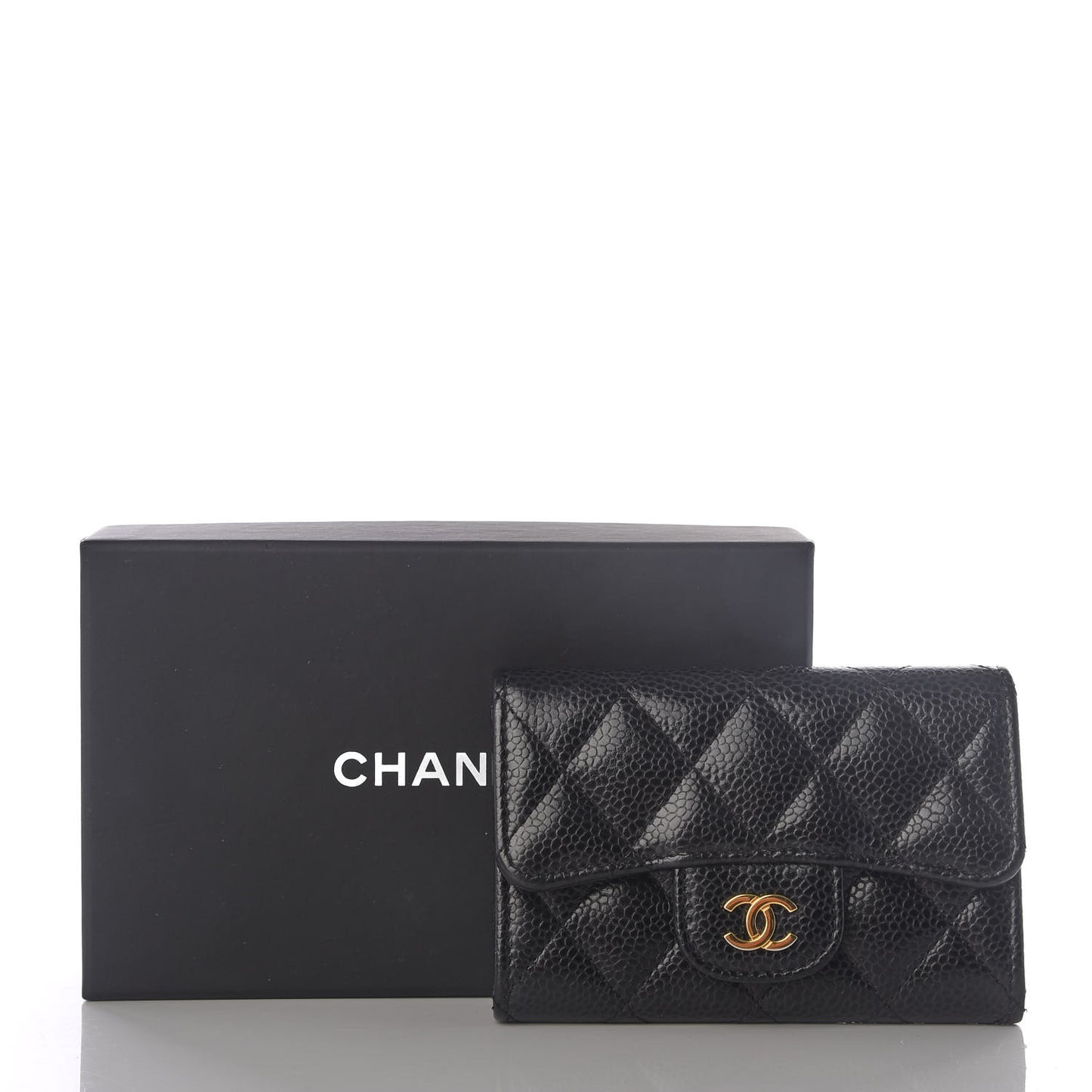 Caviar Quilted Flap Card Holder Wallet Black