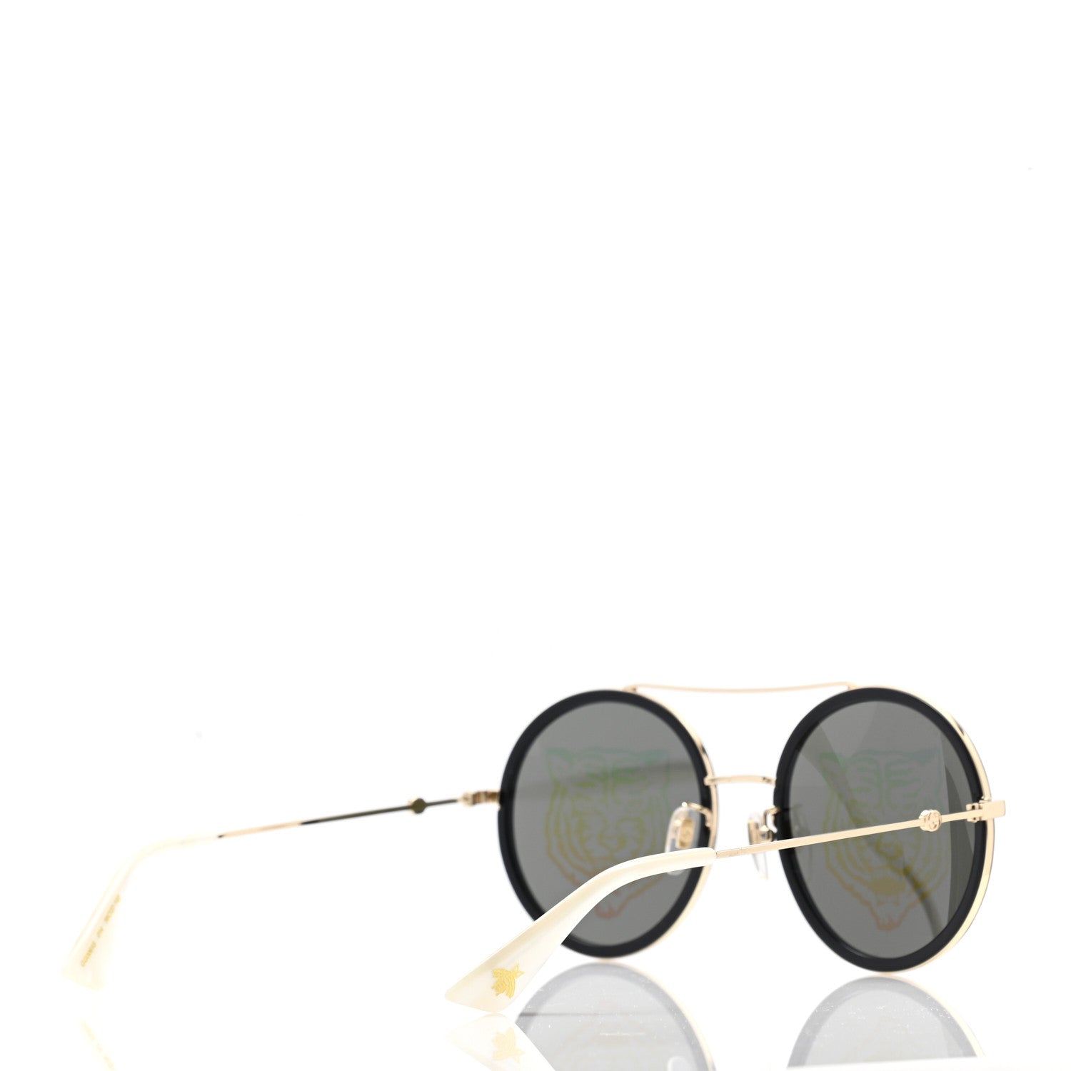 Gucci Metal Round Frame Tiger Print Sunglasses GG0061S Gold 4 of 8