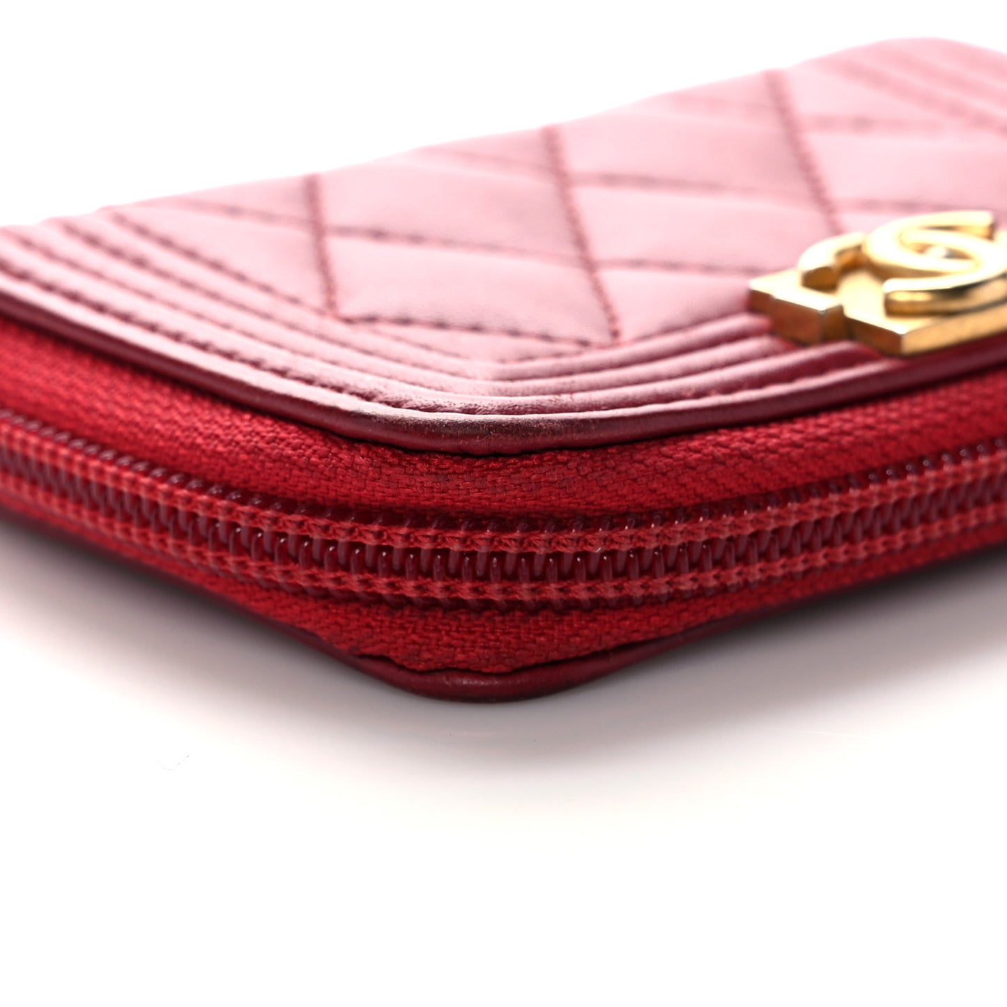 Lambskin Quilted Boy Zip Around Coin Purse Wallet Red