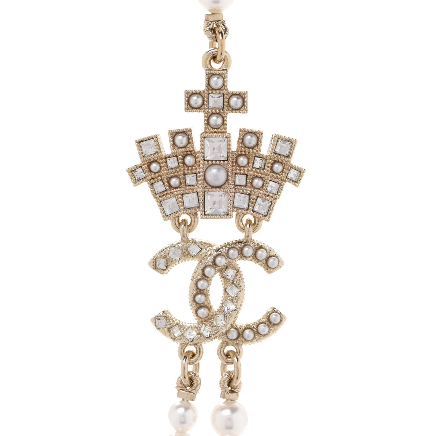 Pearl Crystal CC Crown Multi Strand Necklace Gold