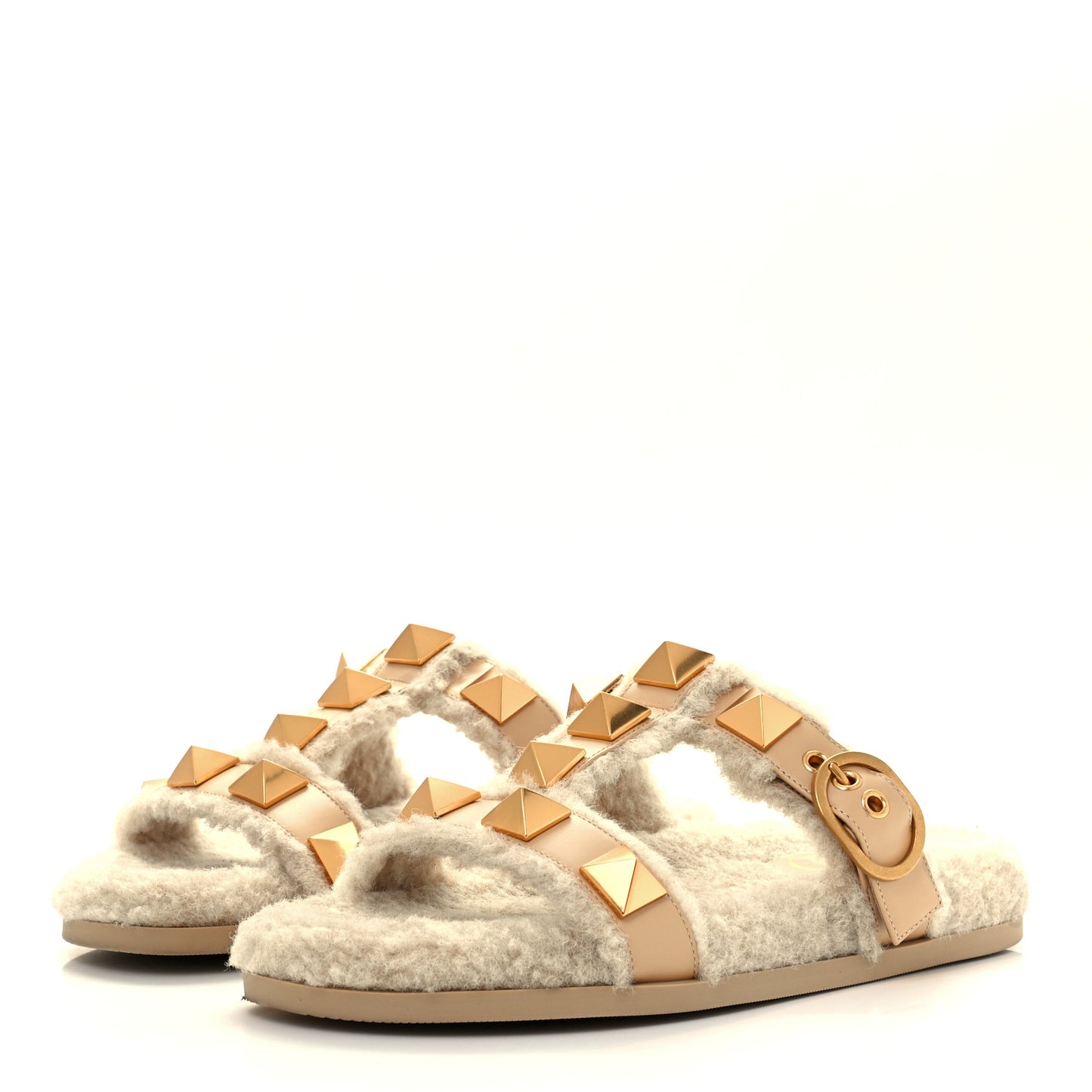 Shearling Roman Stud Slide Sandals 37 Sahara Beige