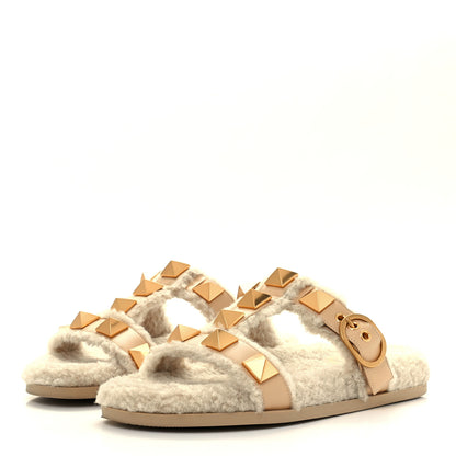 Valentino Garavani Shearling Roman Stud Slide Sandals 37 Sahara Beige 2 of 10