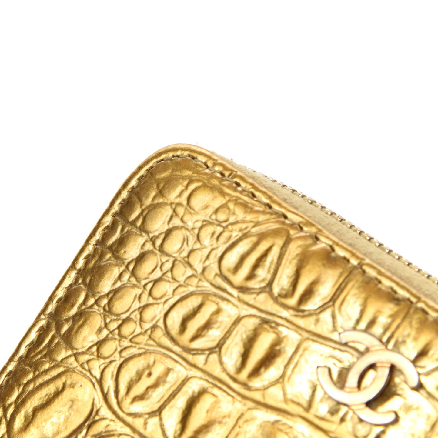 Metallic Calfskin Crocodile Embossed Cocodile Zip Coin Case Gold