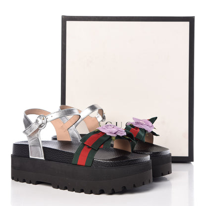 Gucci Metallic Calfskin Web Platform Sandal 38.5 Black 7 of 7