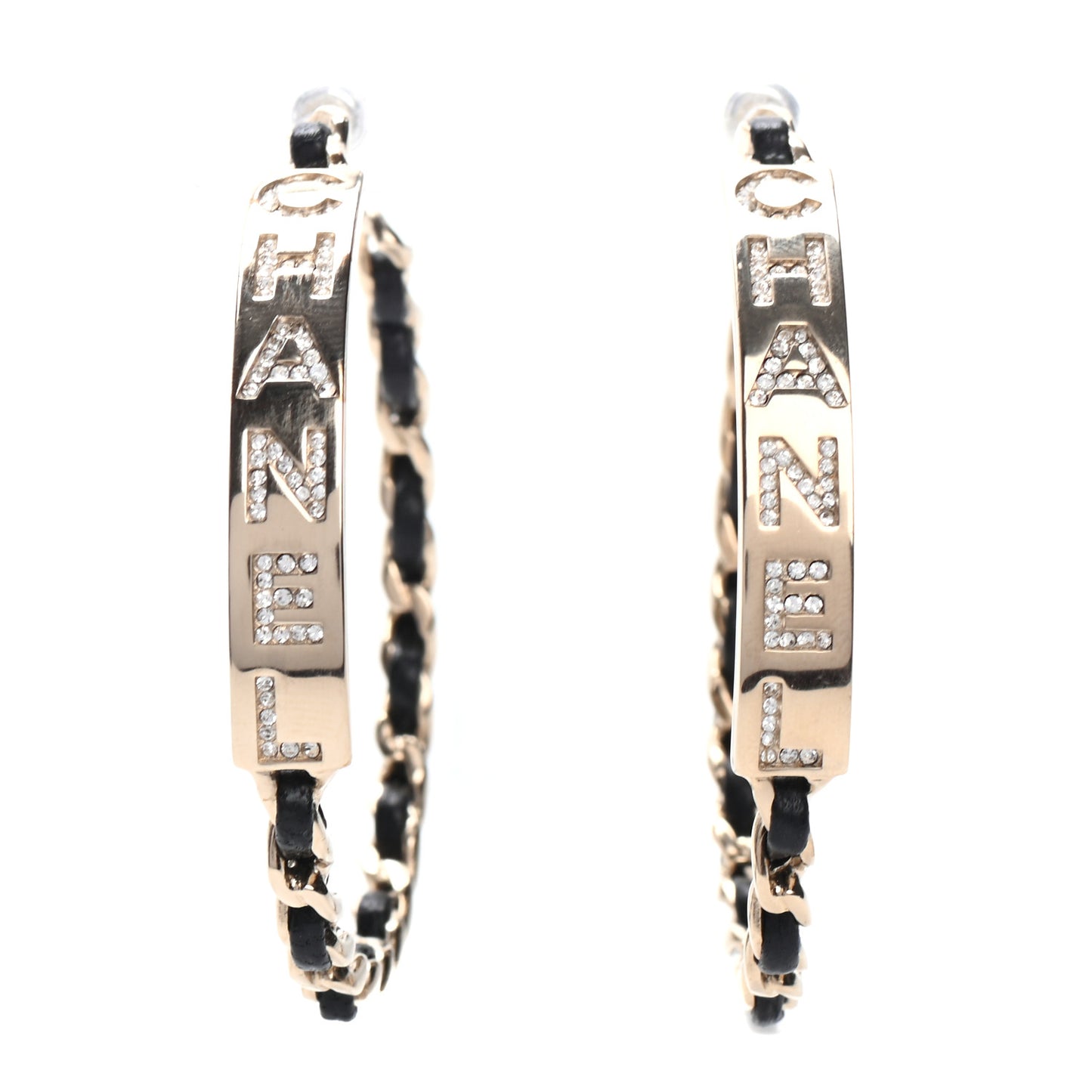 Metal Lambskin Crystal Sergeant Chanel Hoop Earrings Gold