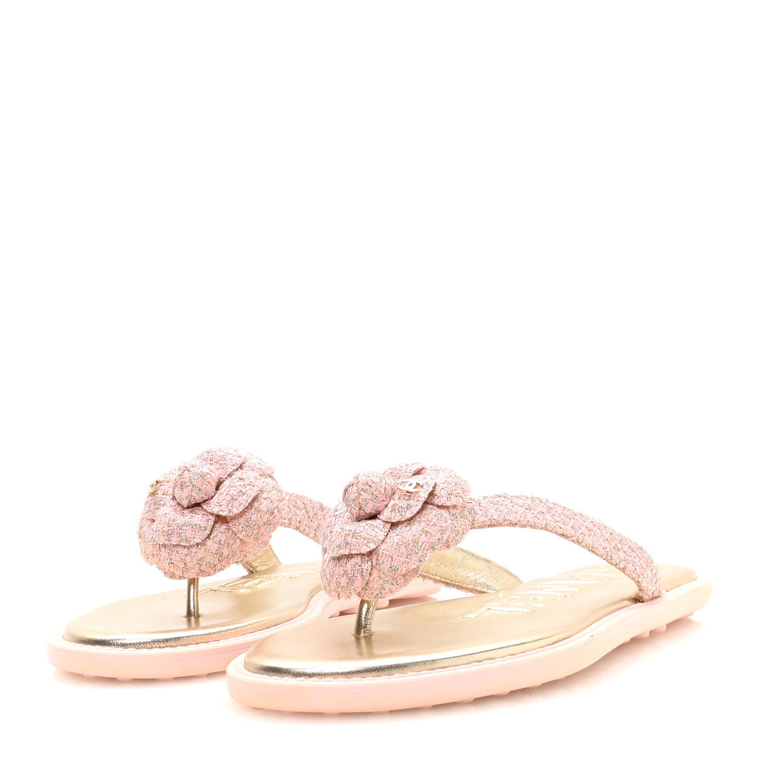Chanel Tweed Camellia Thong Sandals 38 Salmon Apricot Gold 4 of 9