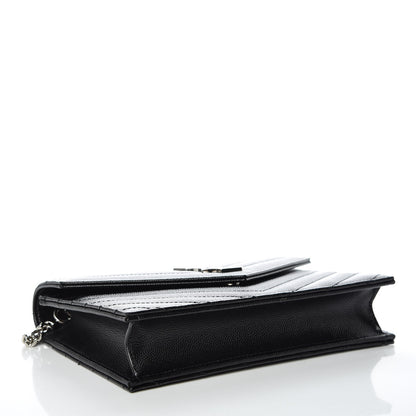 Saint Laurent Grain De Poudre Matelasse Chevron Monogram Envelope Chain Wallet Black 4 of 9